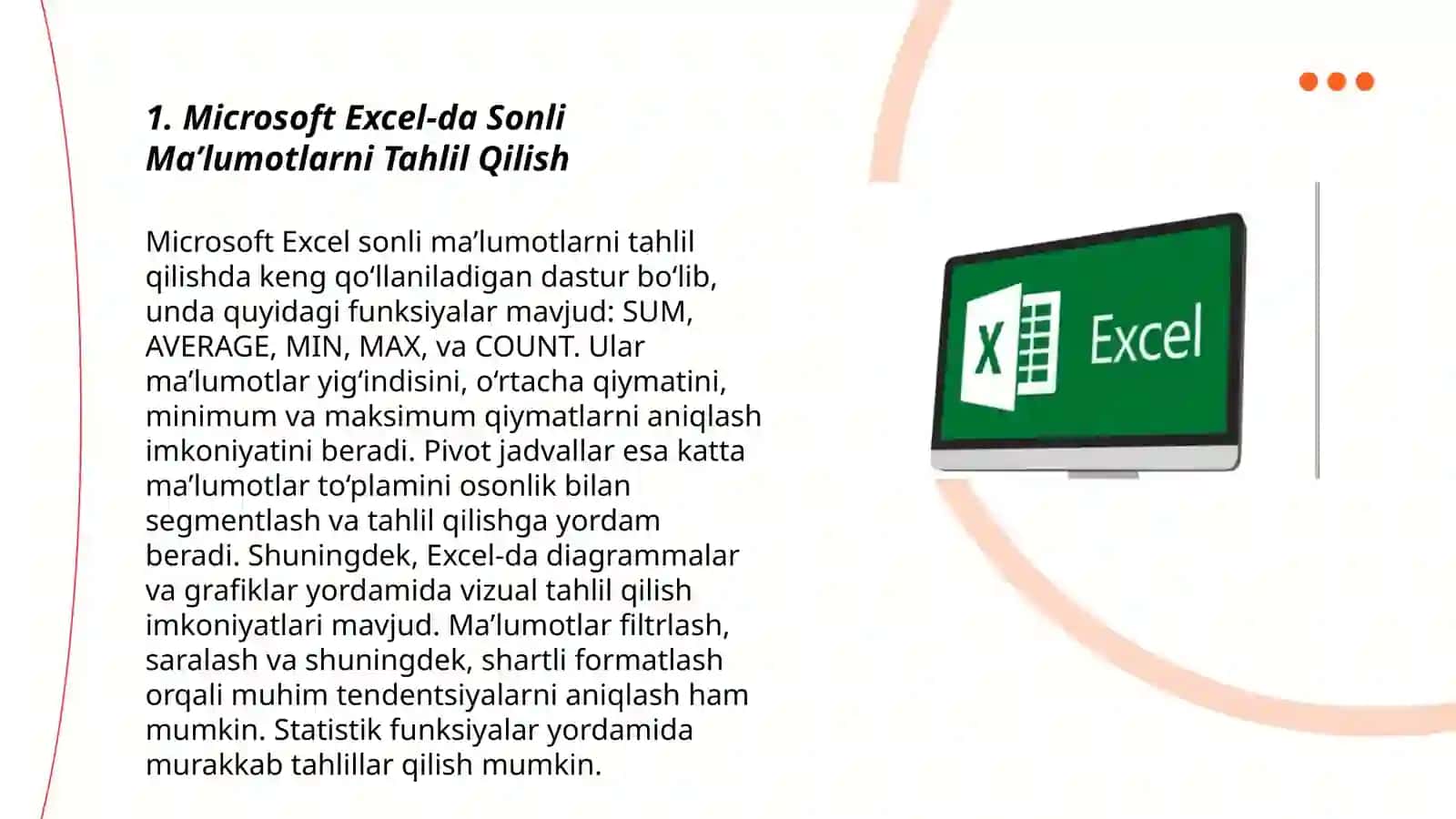 Sonli ma’lumotlarni qayta ishlash texnologiyasi. Microsoft Excel elektron jadval muxarririning keng imkoniyatlaridan foydalanish 3