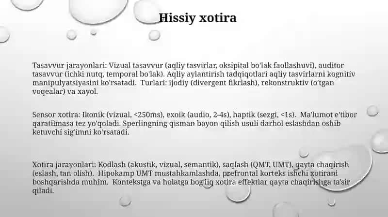 Xotira turlari. Xotira jarayonlari. Xayol jarayonlari 3