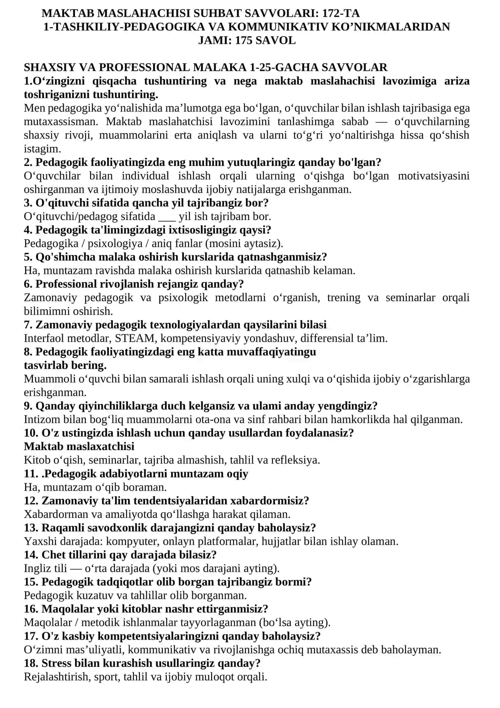 MAKTAB MASLAHACHISI SUHBAT SAVOLLARI 172-TA 3