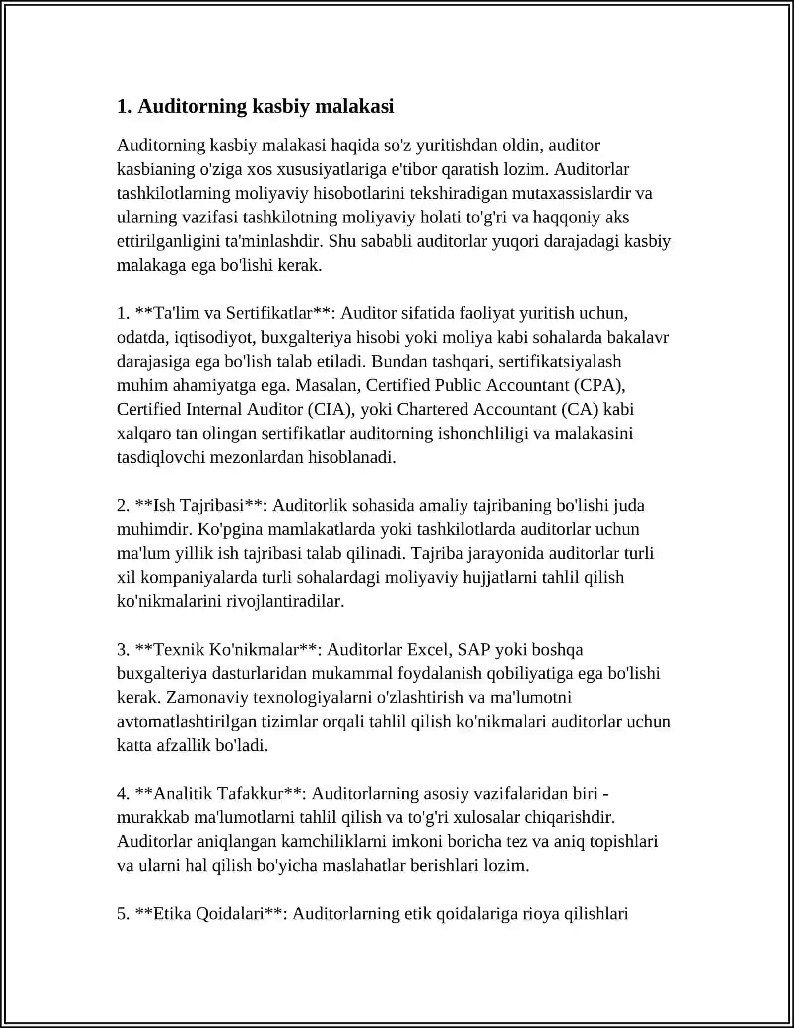 AUDITOR KASBIGA QÔYILADIGAN TALABLAR 3