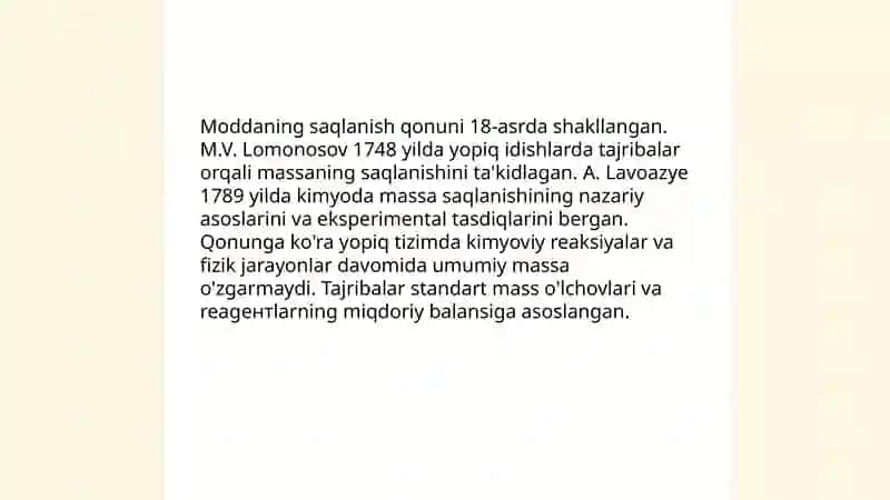 Moddaning saqlanish qonuni va uning yaratilishida olimlarning tajribalari 3