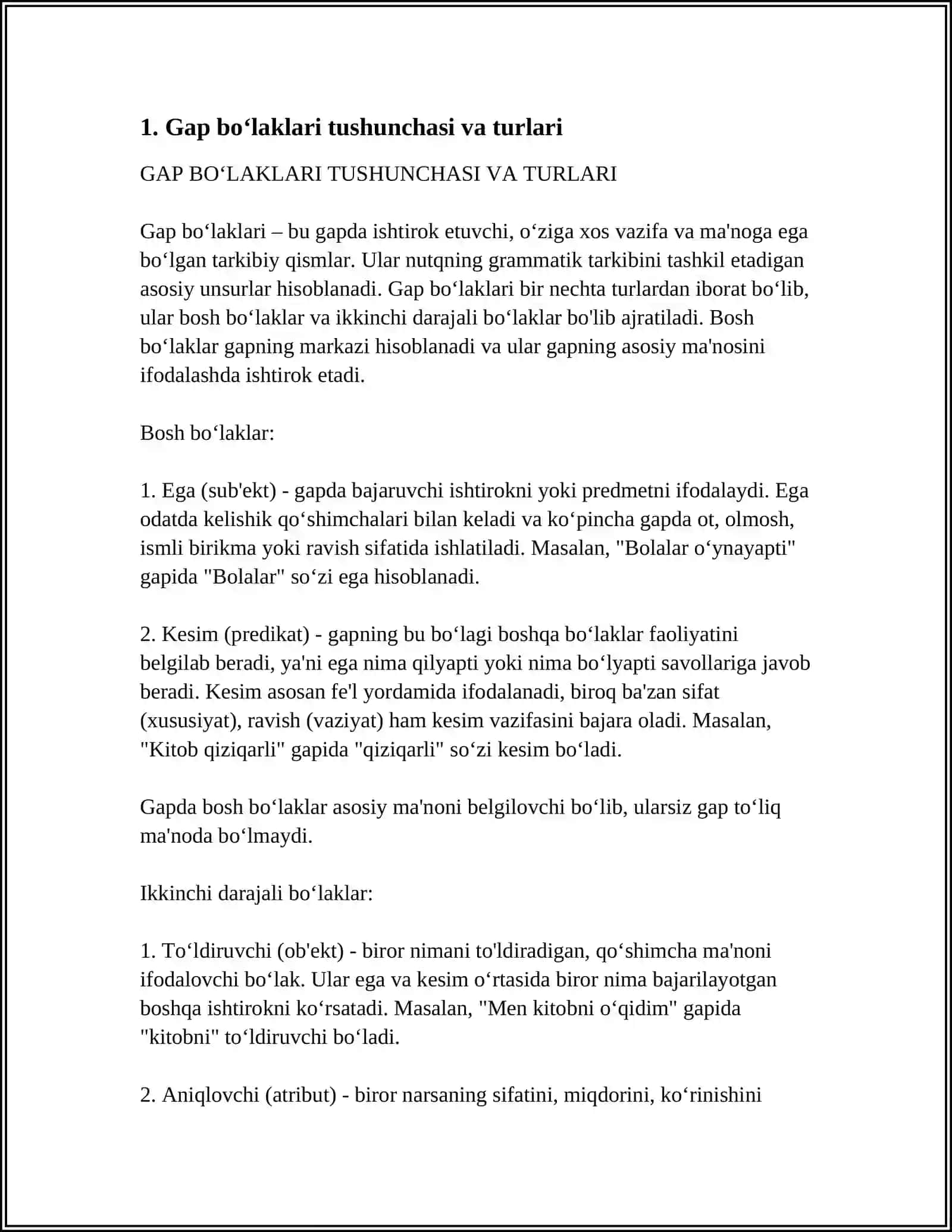 GAP BOʻLAKLARI. BOSH BOʻLAKLAR 3