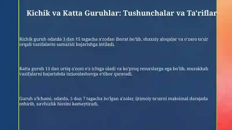 Kichik va katta guruhlar: Tushunchalar va Ta'riflar 3