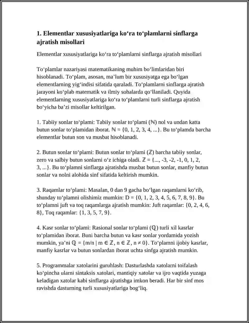 TO'PLAMLARNI SINFLARGA AJRATISHGA OID MISOLLAR 3