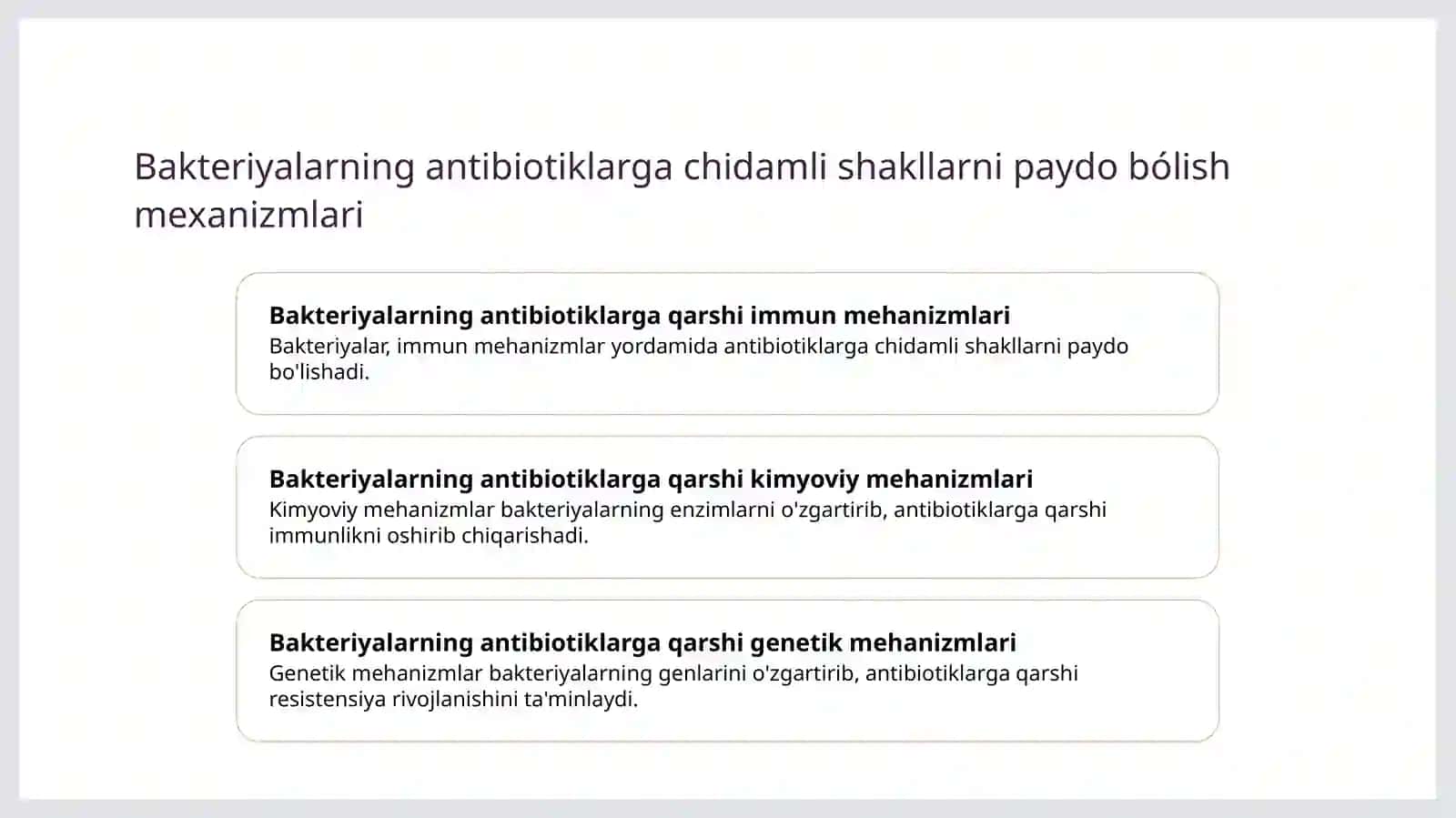 Bakteriyalarning antibiotiklarga chidamli shakllarni paydo bólish mexanizmlari 3