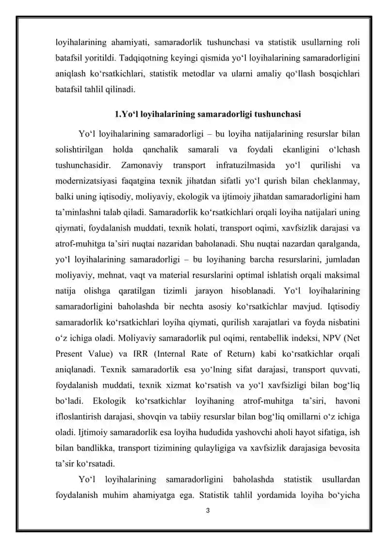 Yo‘l loyihalarining samaradorligi tushunchasi 3