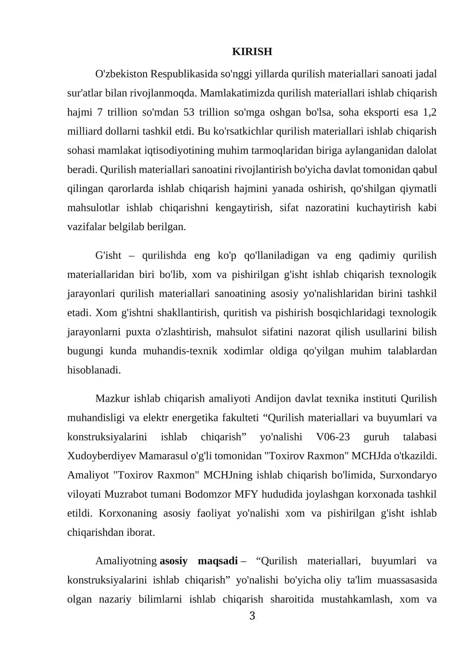“Toxirov Raxmon” MCHJ Gisht ishlab chiqaradi.  Amaliyot hisoboti 3