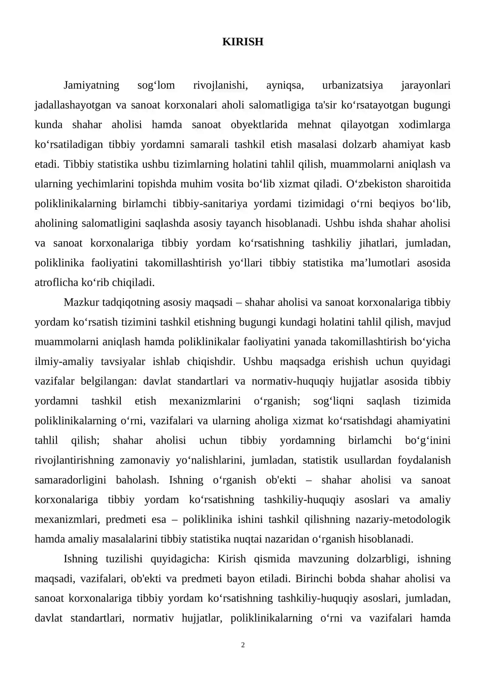 Shahar aholisi va sanoat korxonalariga tibbiy yordam koʻrsatishni tashkil qilish . Poliklinika ishini tashkil qilish 3