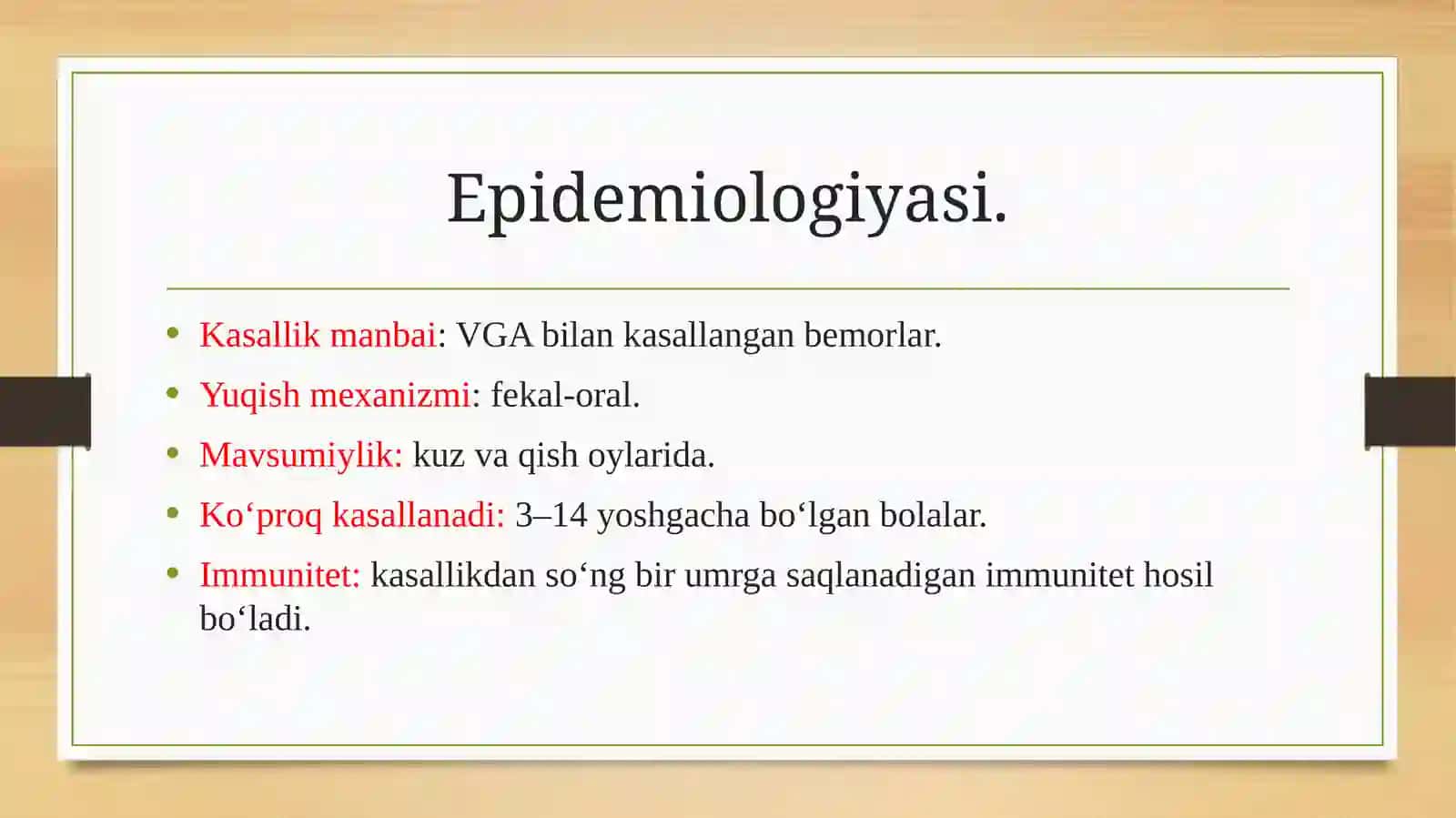 VIRUSLI GEPATITLAR A, E. ETIOLOGIYASI, PATOGENEZI, TASNIFI, KLINIKASI, TASHXISOTI, DAVOSI VA PROFILAKTIKASI. VIRUSLI GEPATITLAR REKONVALESSENTLARINING DISPANSERIZATSIYASI 3