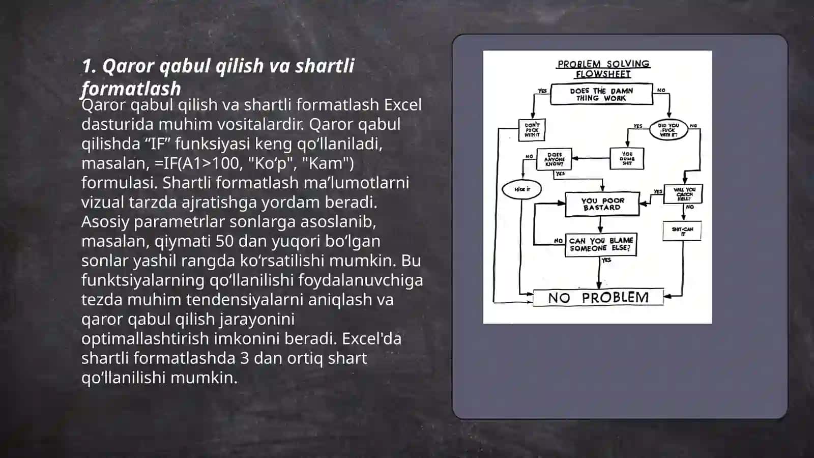 Qaror qabul qilish va shartli formatlash Excel dasturida 3