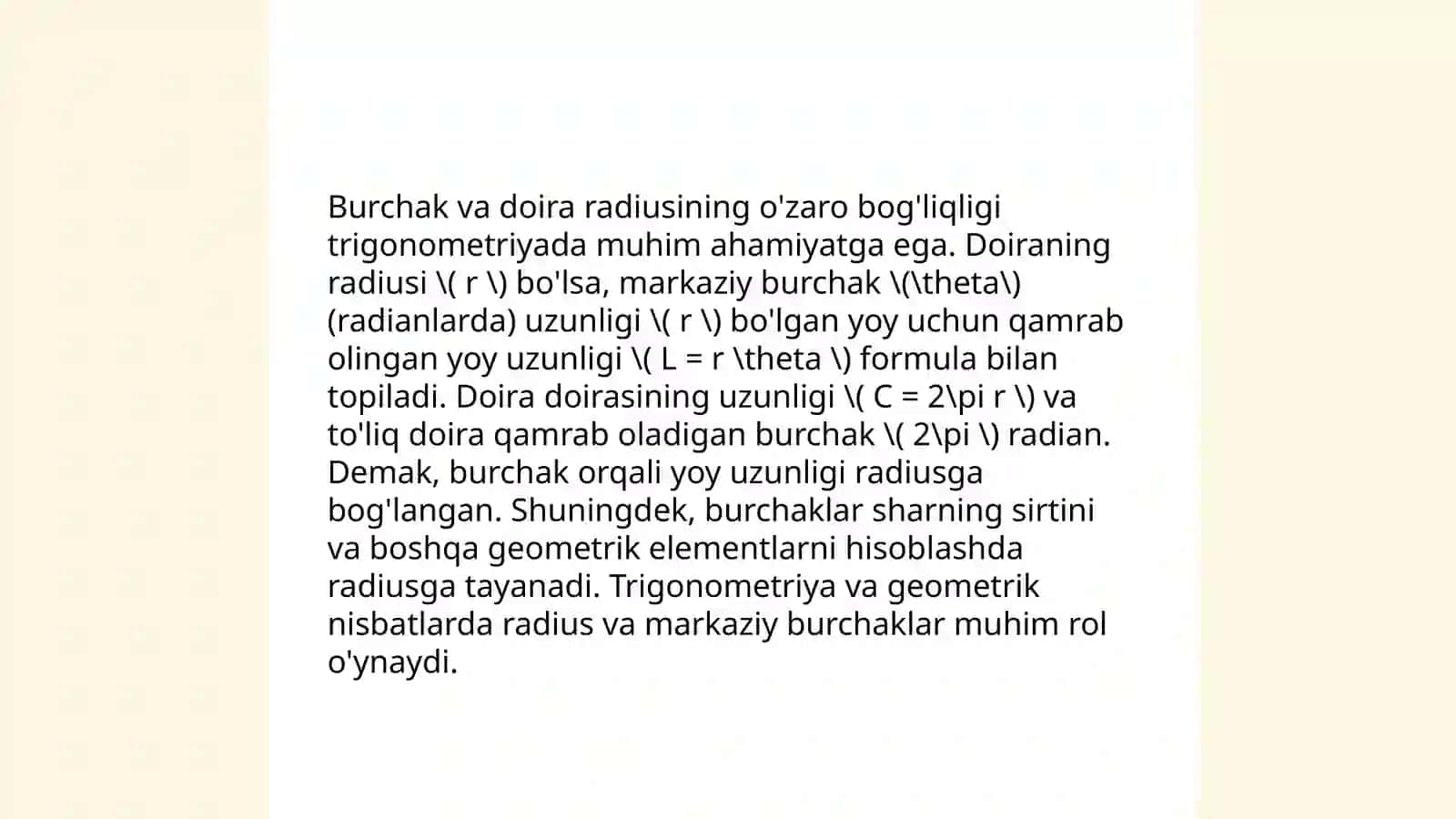 Burchakning radian o'lchovi 3