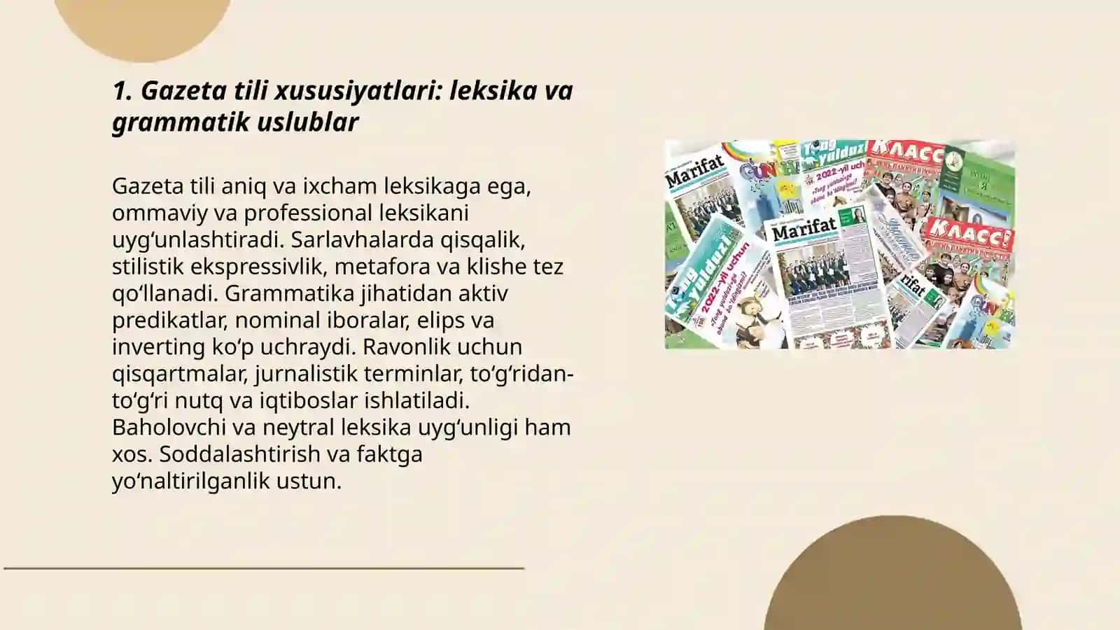 Gazeta tili va uslubi. OAV materiallari ustida ishlash 3