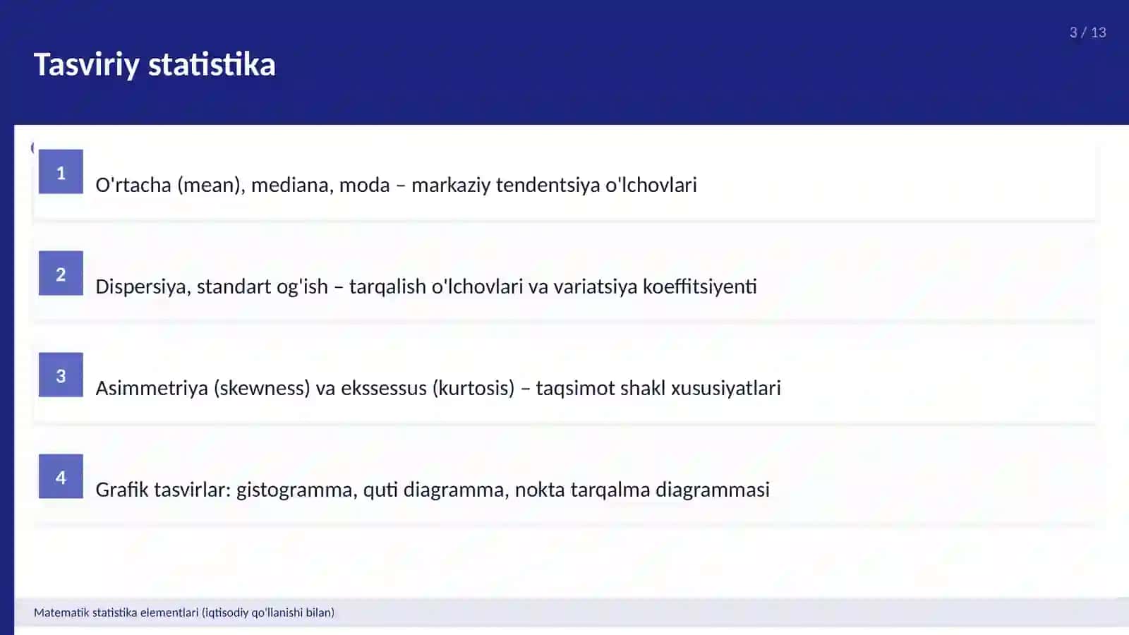 Matematik statistika elementlari (iqtisodiy qo'llanishi bilan) 3