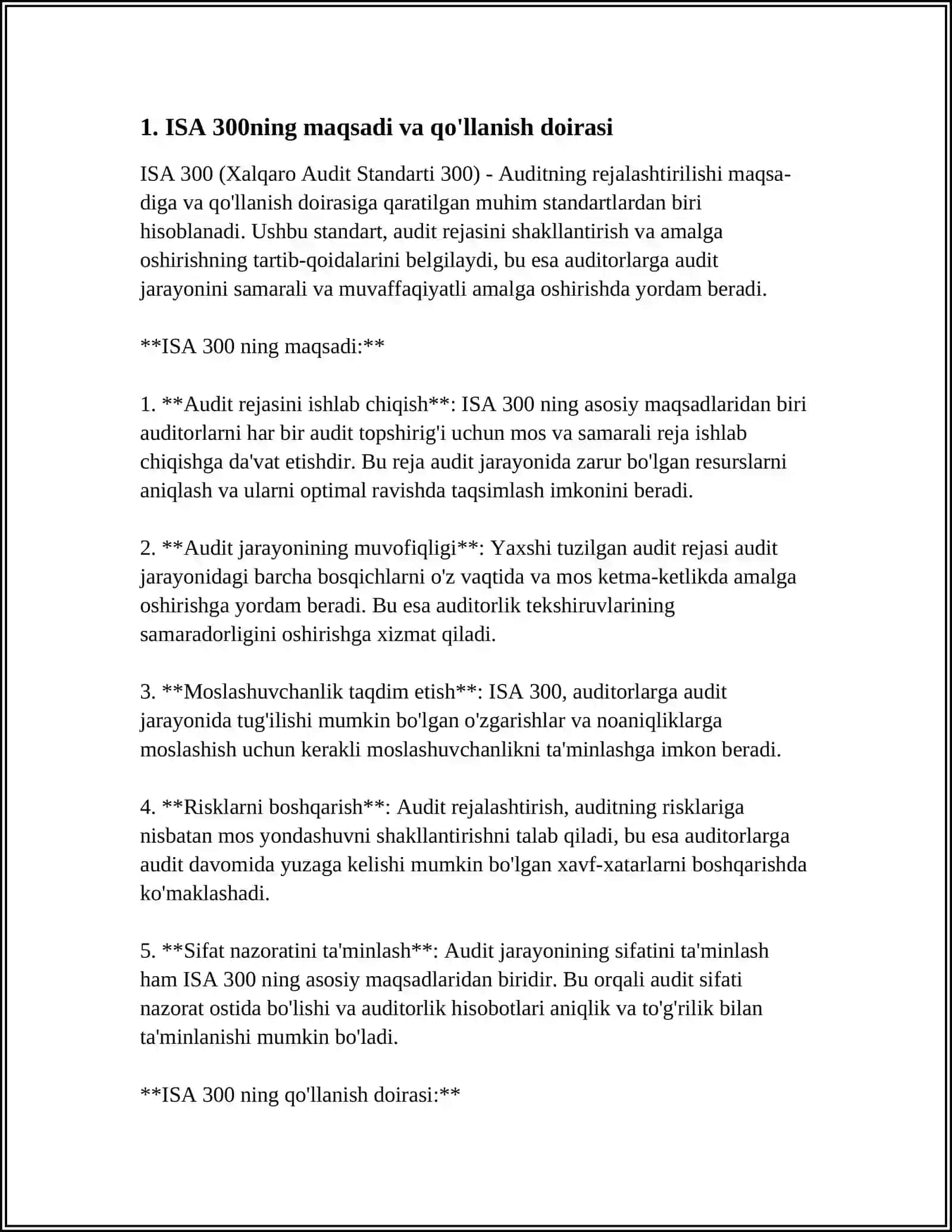 AUDITORLIK TEKSHIRUVINI REJALASHTIRISH ISA-300 "PLANING AN AUDIT OF FINANCIAL STATEMENTS" TALABLAR ASOSIDA 3