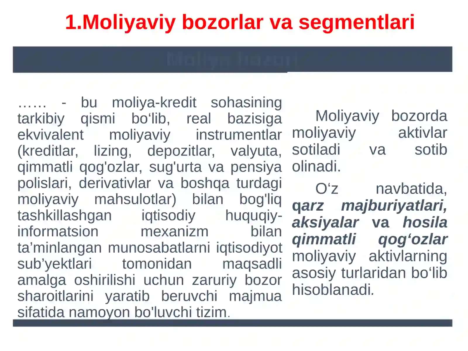 MOLIYAVIY BOZORLAR, ULARNING ISHTIROKCHILARI VA MOLIYAVIY BOZOR STAVKALARI 3