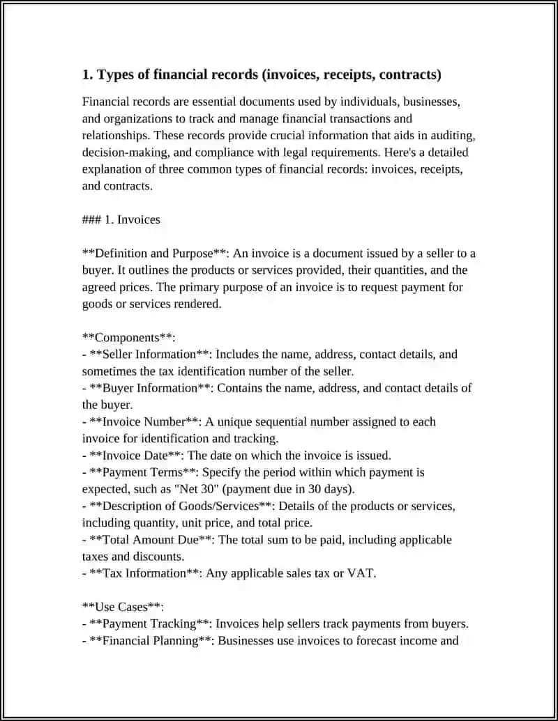 Types of financial records (invoices, receipts, contracts) 3
