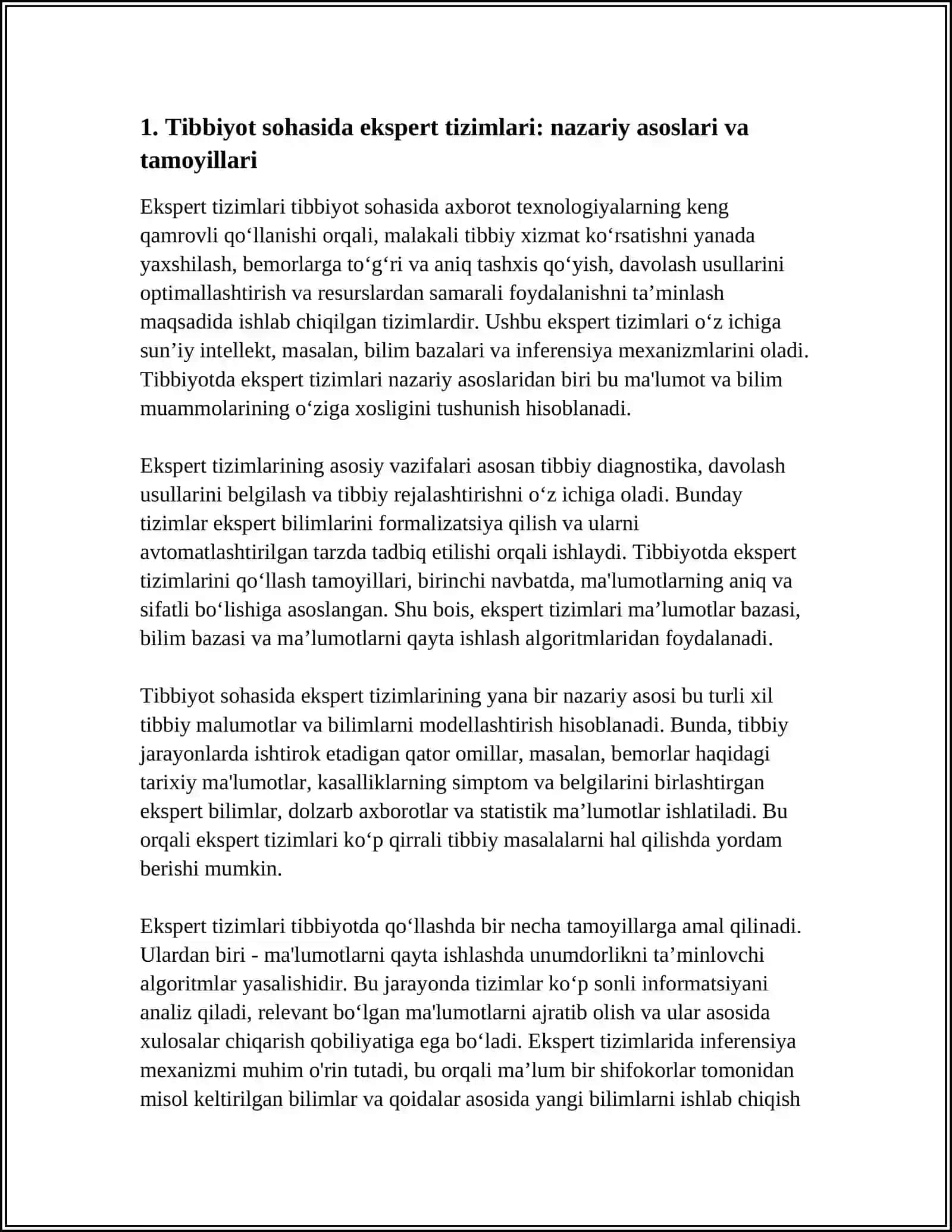 EKSPERT TIZIMLARINING TIBBIYOT SOHASIDA QO'LLASH DASTURIY ALGORITMINI ISHLAB CHIQISH 3