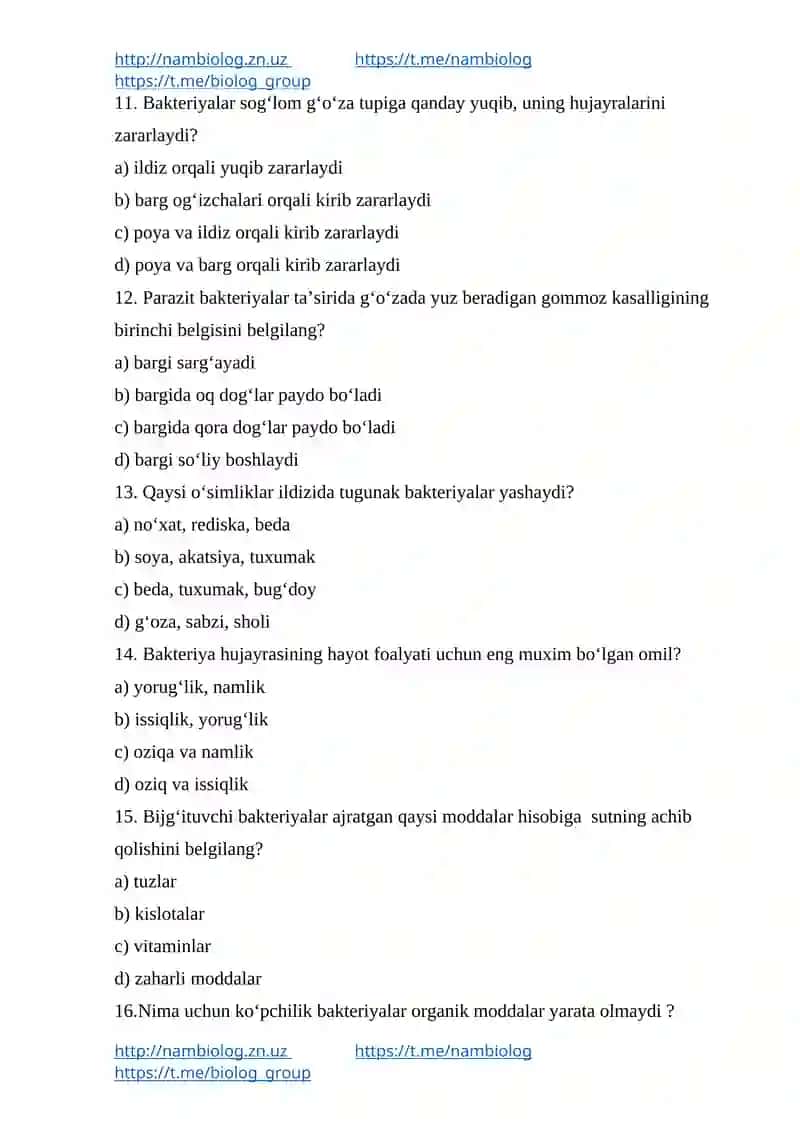 Biologiya test savollar to'plami 3