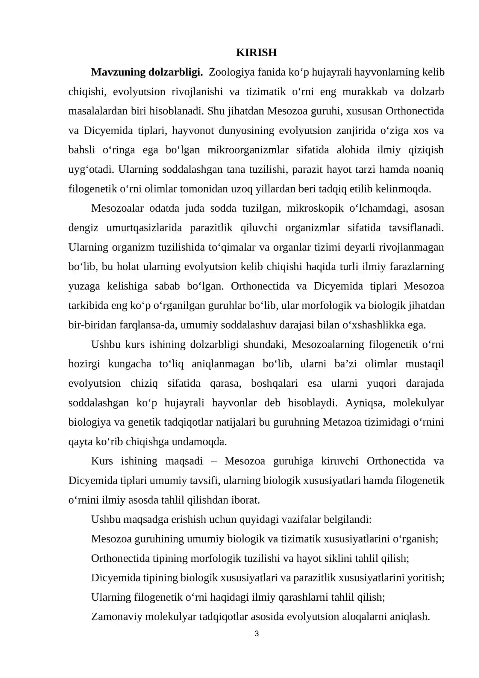 MESOZOA ORTHONECTIDA VA DICYEMIDA TIPLARI UMUMIY TAVSIFI VA FILOGENIYASI. 3