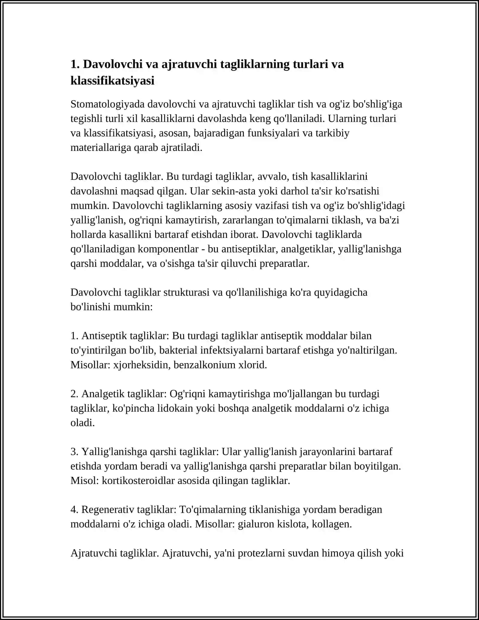 STOMATOLOGIYADA DAVOLOVCHI VA AJRATUVCHI TAGLIKLAR. TARKIBI VA QO‘LLANILISHI.QO‘YISH TEXNIKASI 3