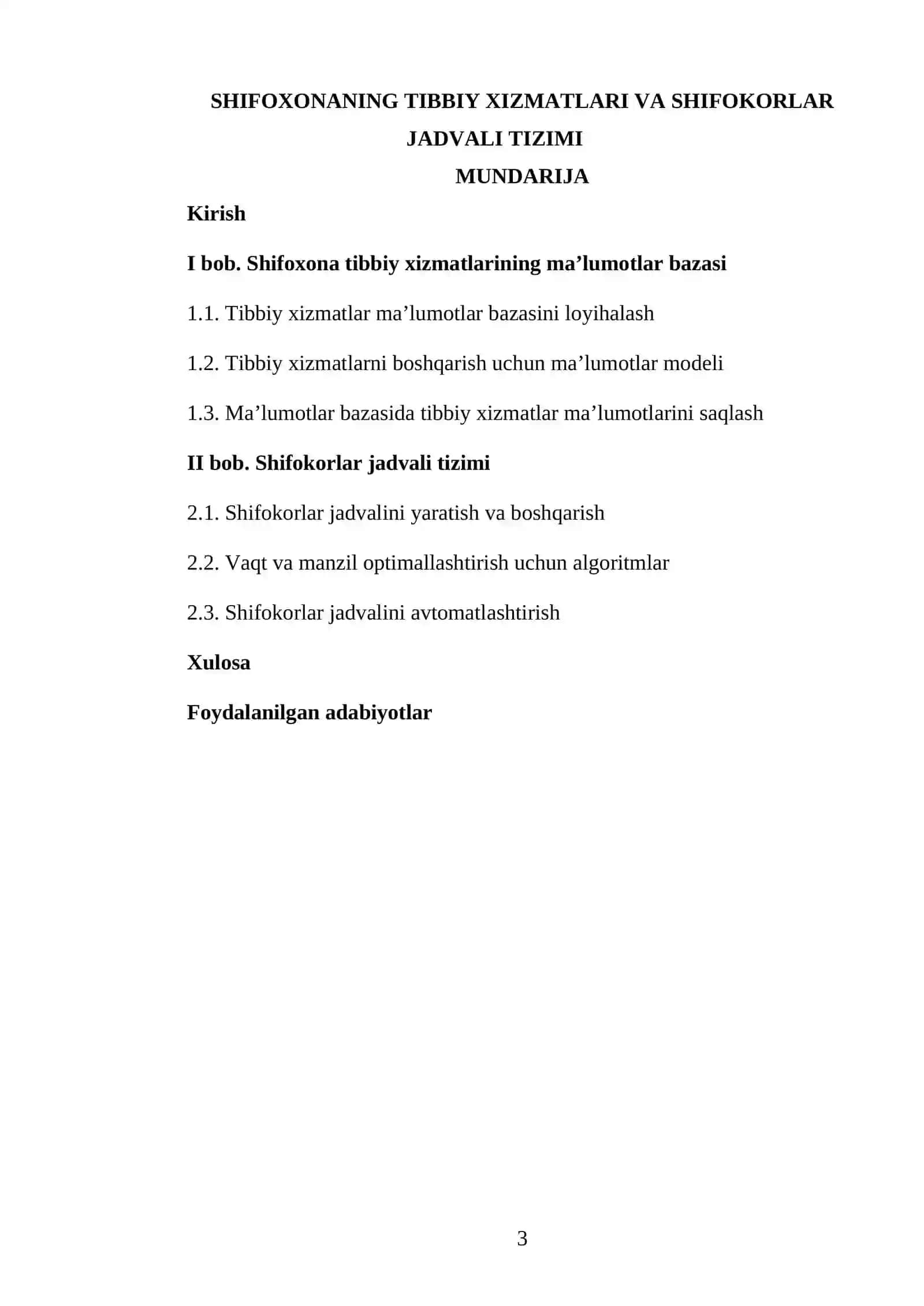 SHIFOXONANING TIBBIY XIZMATLARI VA SHIFOKORLAR JADVALI TIZIMI 3