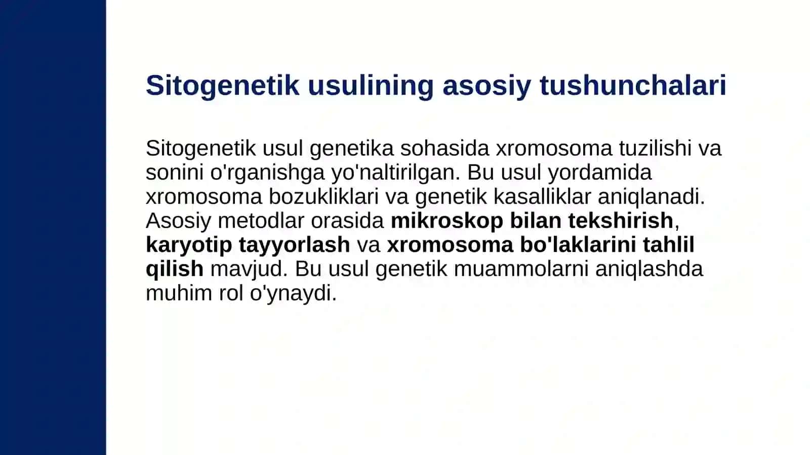 odam genetikasining oʻrganish usullari:sitogenetik,dermatoglifika,biokimyoviy. 3