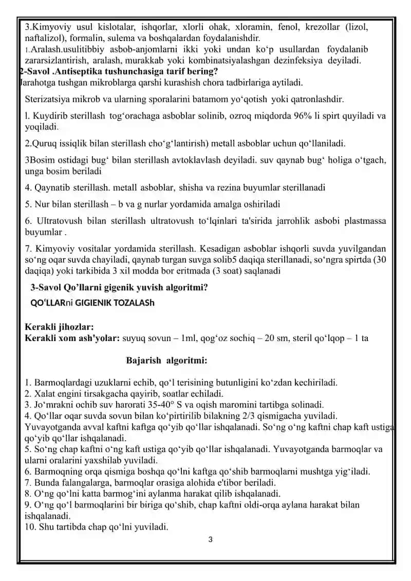 Hamshiralar uchun ish jarayonidagi savol-javoblar to‘plami 3