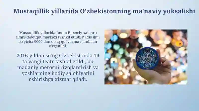 Mustaqillik yillarida O'zbekistonda ma'naviy yuksalish 3