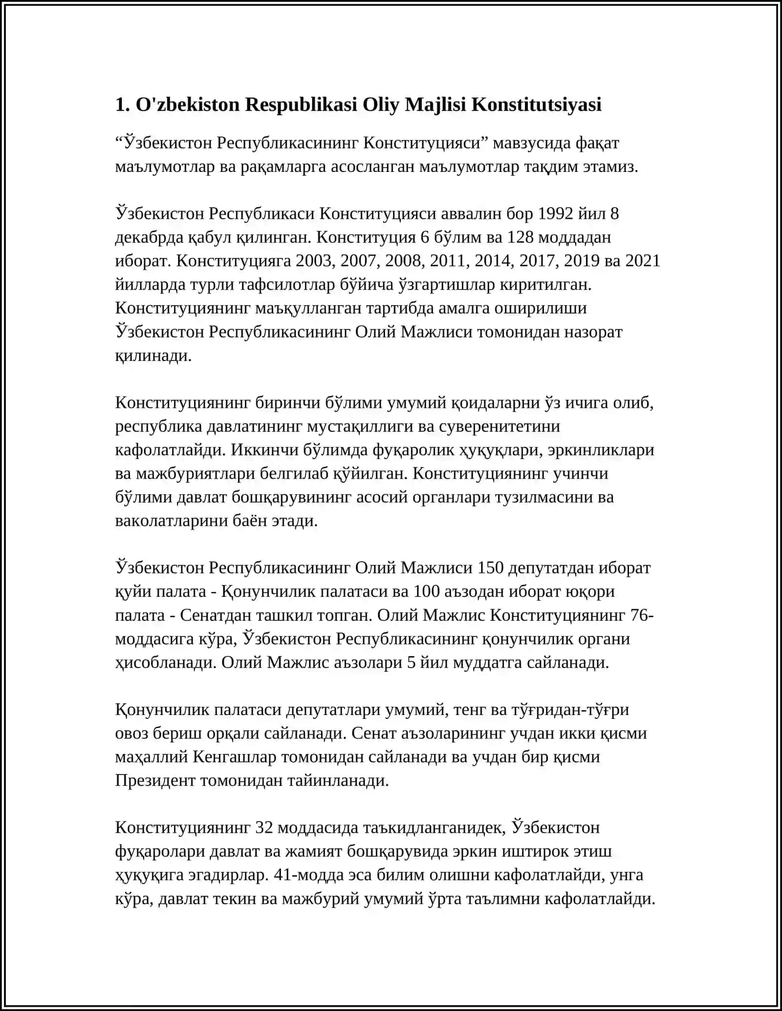 O'ZBEKISTON RESPUBLIKASI OLIY MAJLISI REFERAT 3