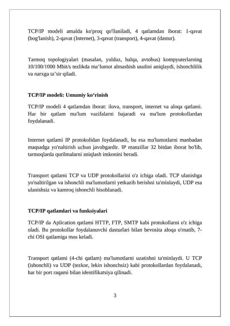TCP/IP va OSI modellarning kompyuter tarmoqlarini qurishda o‘rni 3