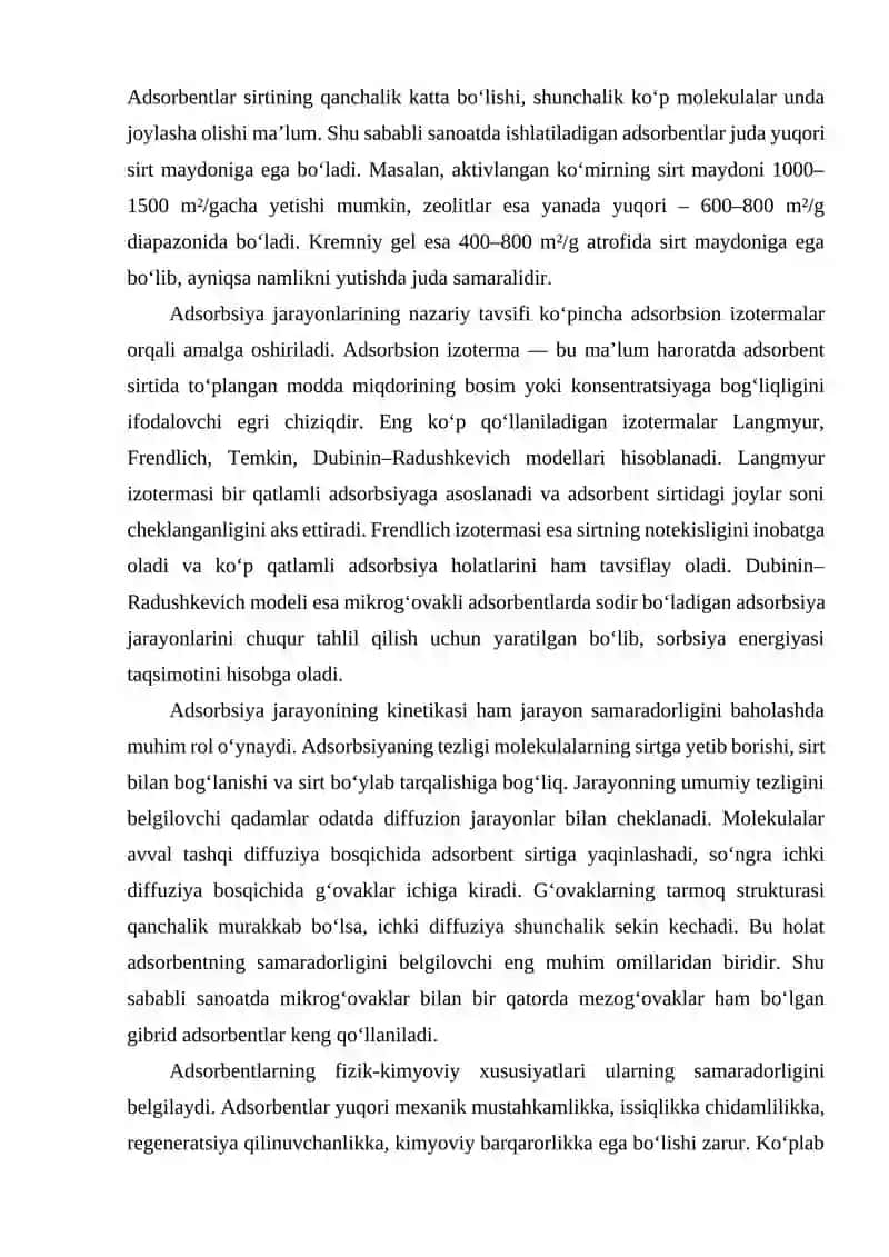 Adsorbsiya. Adsorbentlar turlari va xossalari. 3