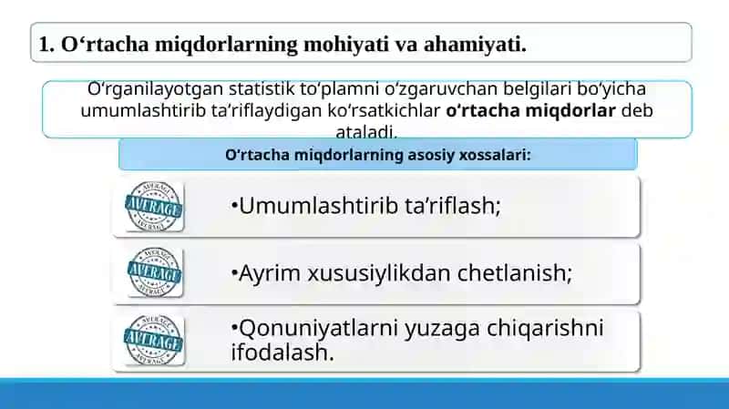 O‘rtachamiqdorlar, statistik tasniflash va guruhlash metodi 3