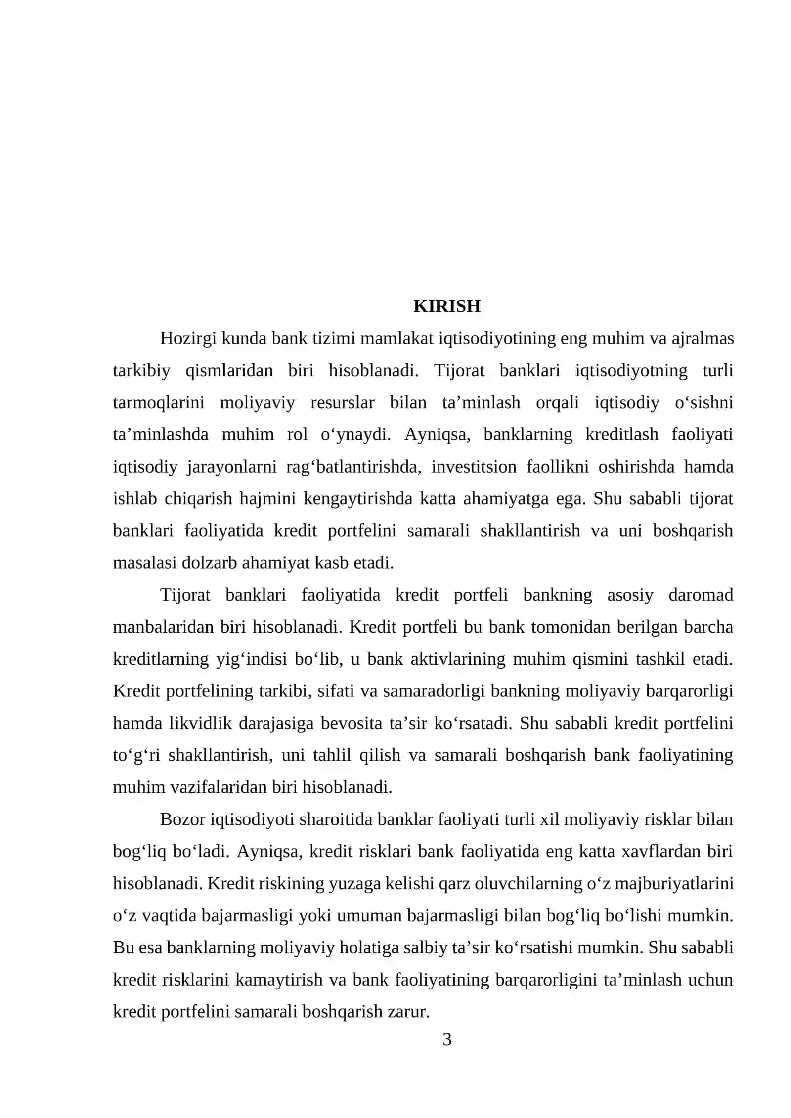 Kurs ishi: KREDIT PORTFELI, UNI DIVERSIFIKATSIYA QILISH 3
