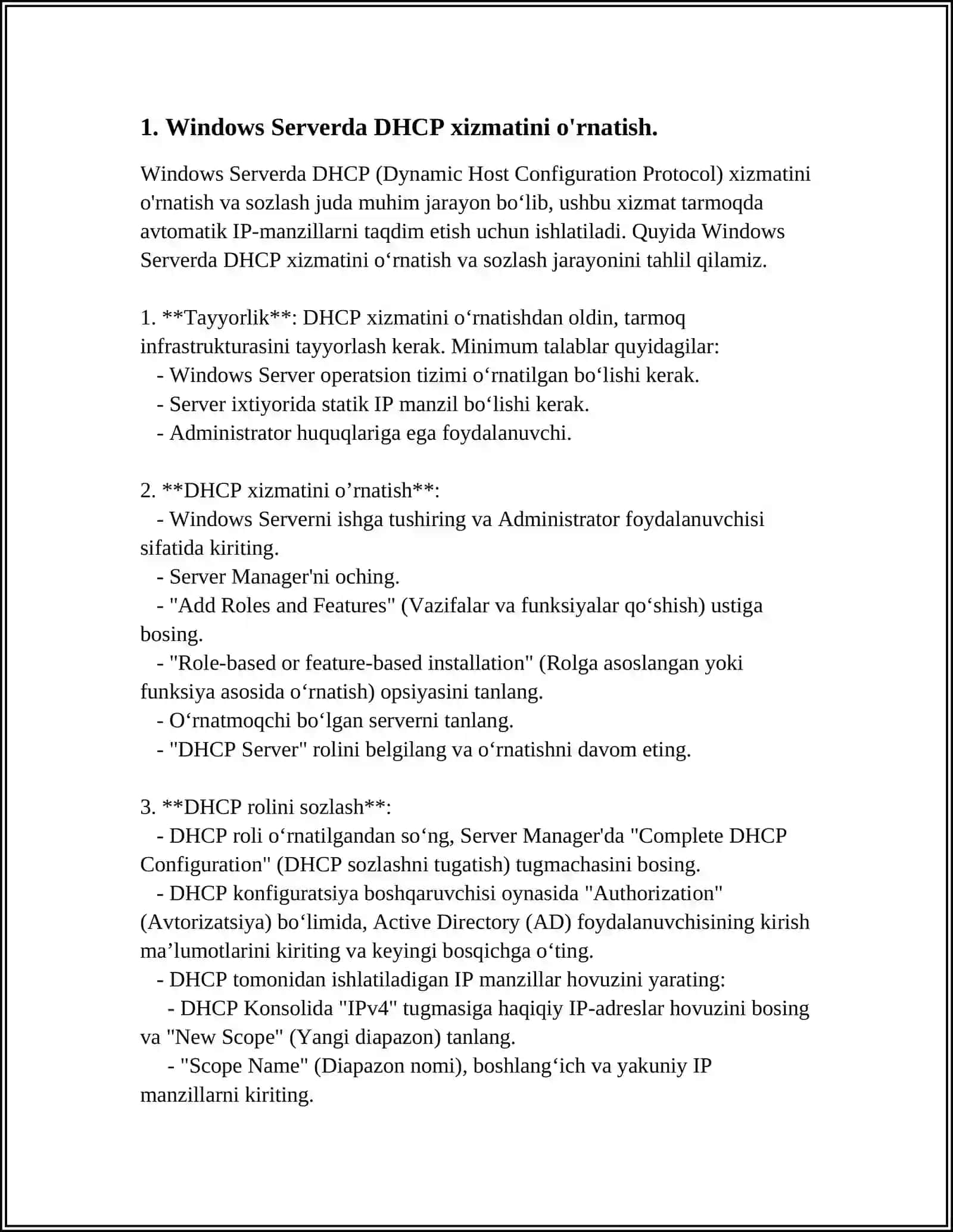 WINDOWS SERVER OPERATSION TIZIMIDA TARMOQ XIZMATLARINI OʻRNATISH VA SOZLASH (DHCP,DNS) 3