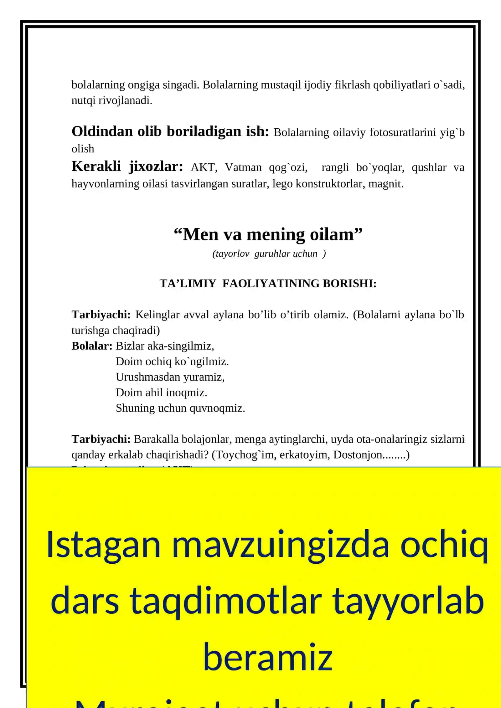 "Men va mening oilam" faoliyat ishlanmasi 3