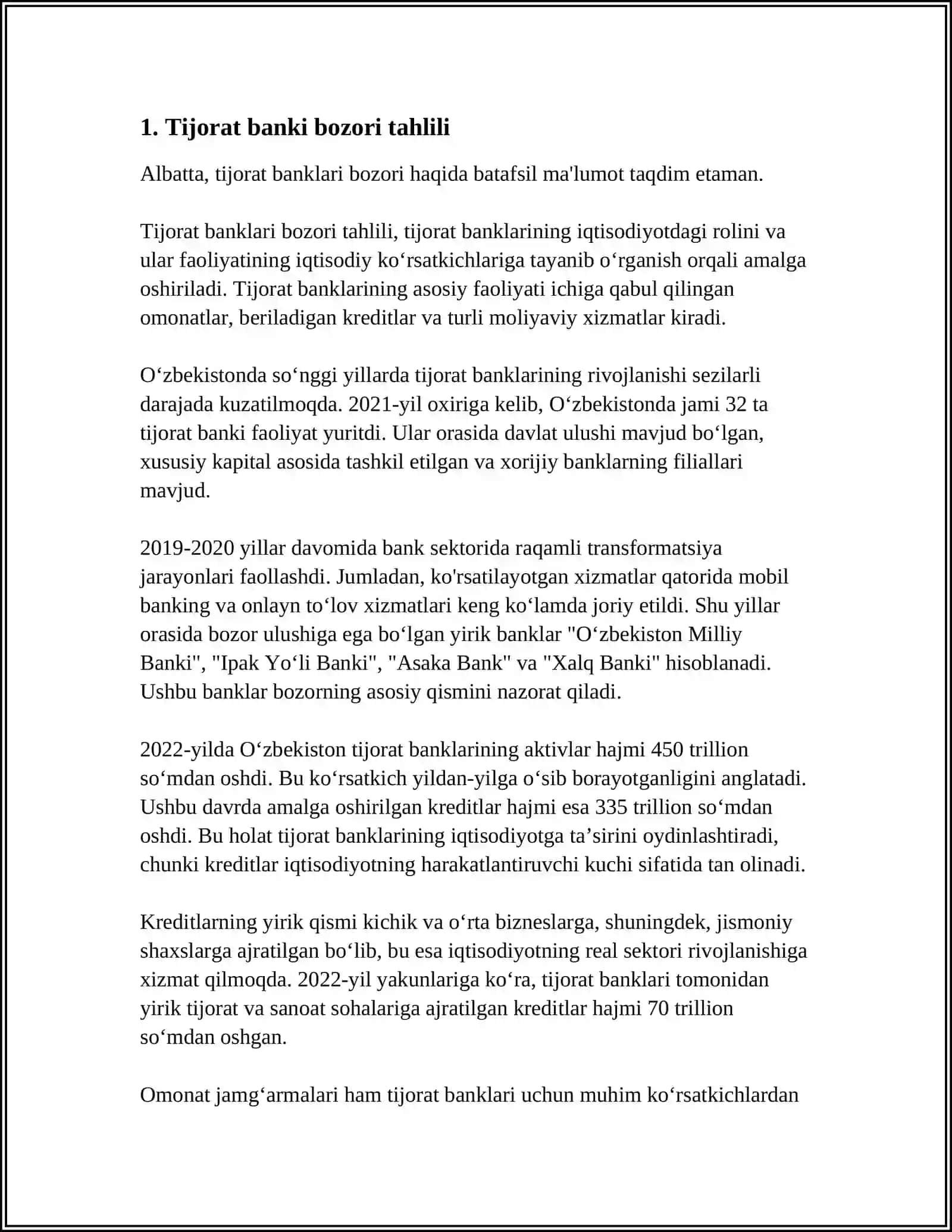 TIJORAT BANKNI BOZOR POZITSIYASI VA UNI BANK STRATEGIYASIGA MOS RAVISHDA OʻZGARISH YOʻLLARI 3