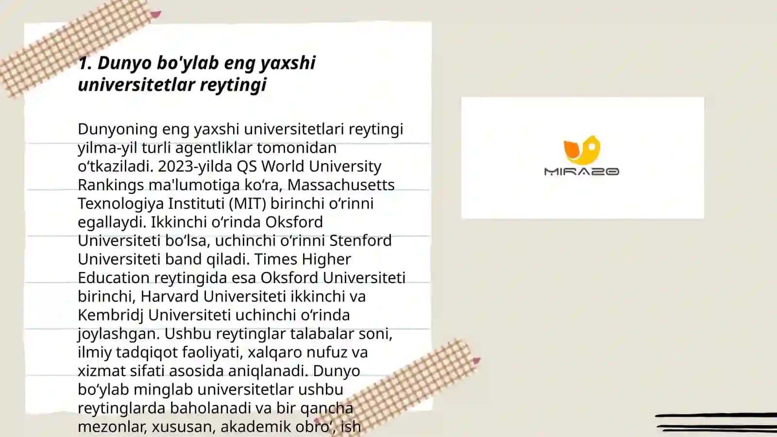 Dunyo bo'ylab eng yaxshi universitetlar reytingi 3