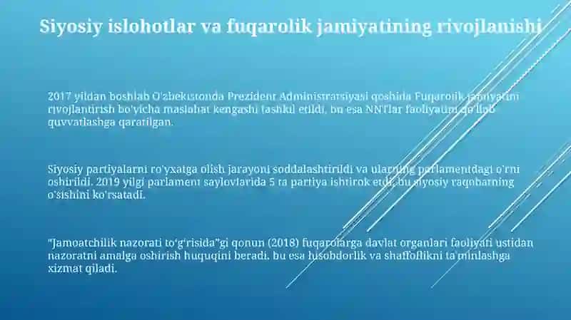Yangi Oʻzbekiston ijtimoiy siyosiy va madaniy hayotida roʻy berayotgan oʻzgarishlar 3
