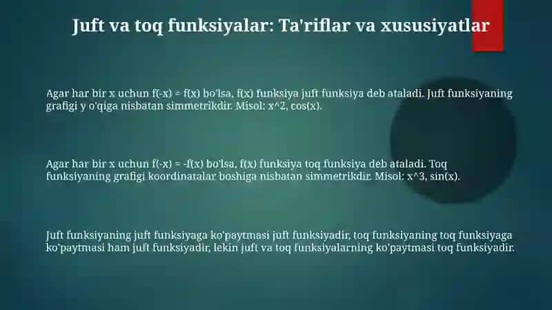 Funksiyaning juft toqligi. Funksiyaning davriyligi 3