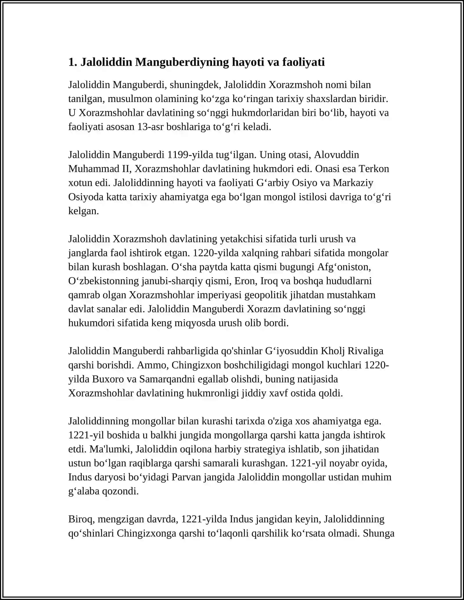 MUSTAQIL ISH Mavzu: JALOLLIDDIN MANGUBERDI-VATAN HIMOYACHISI 3