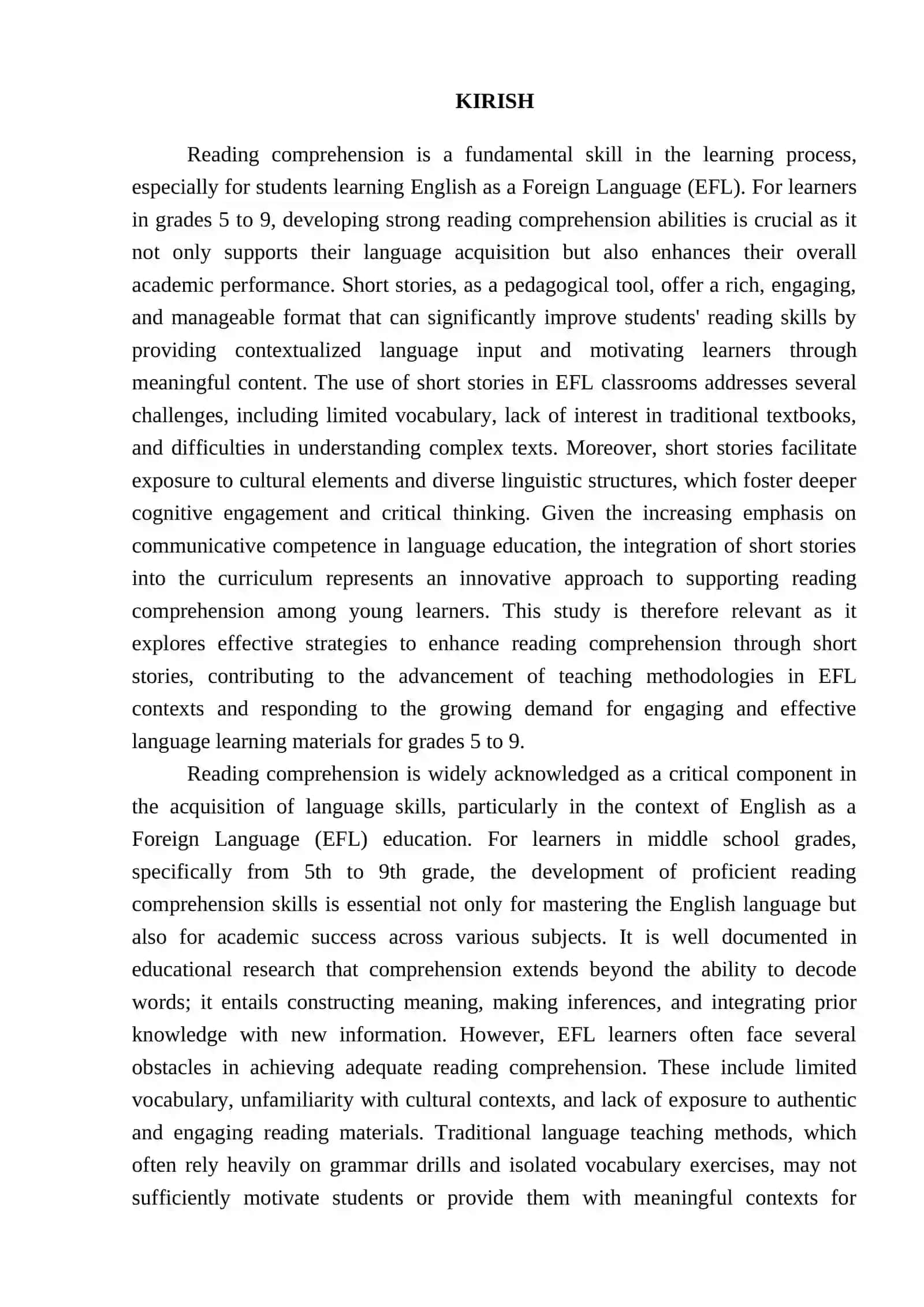 "Enhancing Reading Comprehension through short stories in EFL classes(5-9 grades)." 3