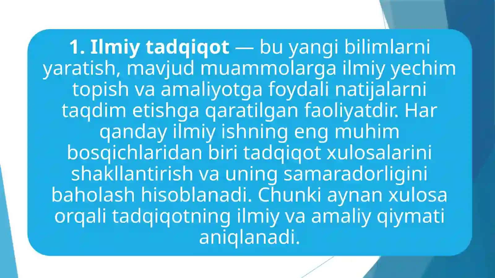 ILMIY TADQIQOT XULOSALARINI SHAKLLANTIRISH VA SAMARADORLIGINI BAHOLASH 3