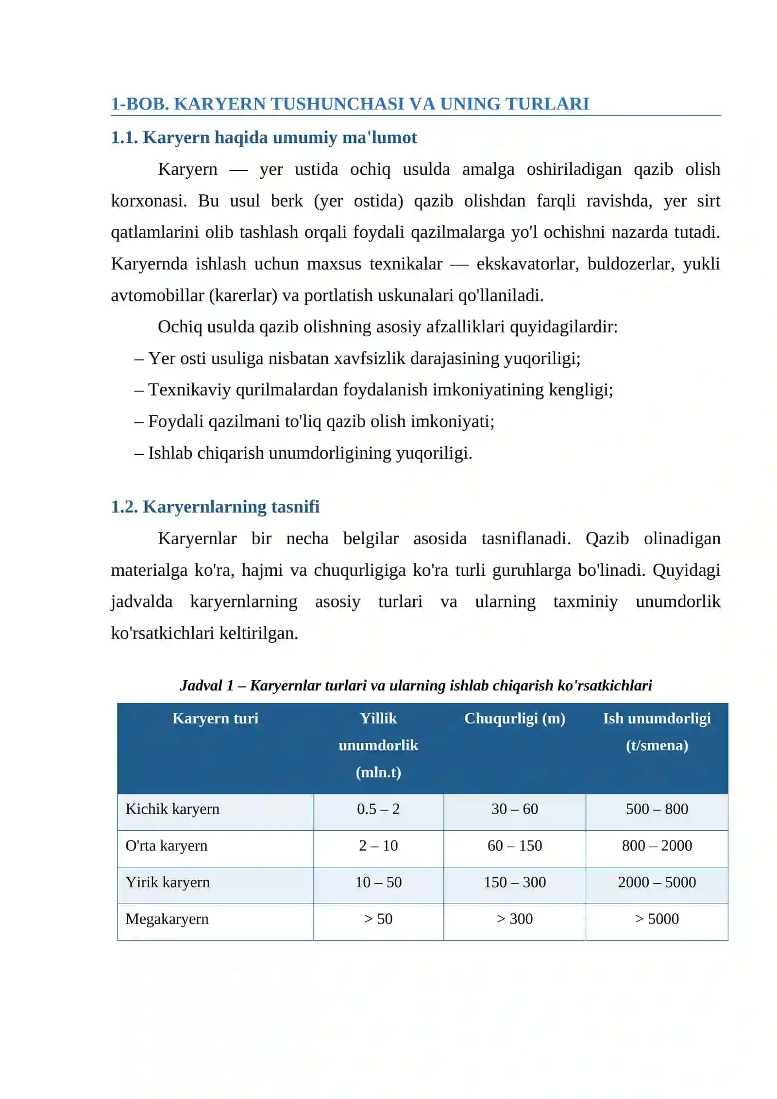 Karyerni Hajmi O'lchamlari Ishlab Chiqarish Unumdorligini Aniqlash 3