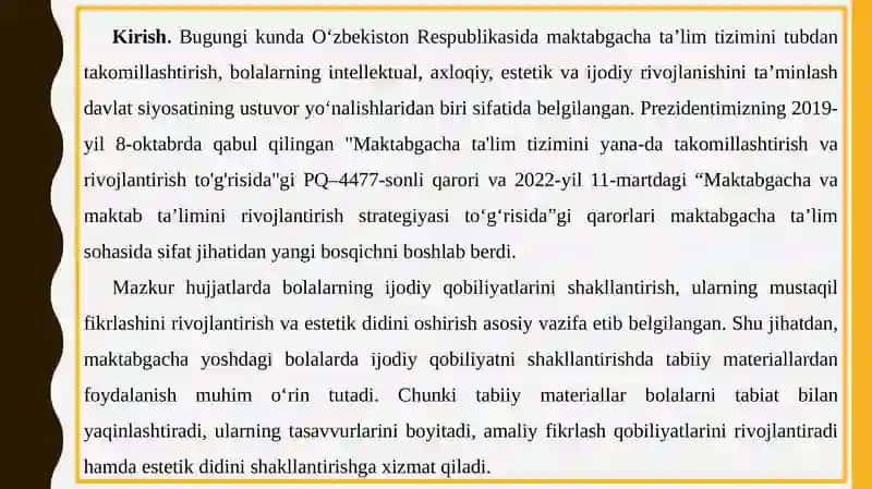 MAKTABGACHA YOSHDAGI BOLALARNING IJODIY QOBILIYATLARINI RIVOJLANTIRISH UCHUN TABIIY MATERIALLARDAN FOYDALANISH 3