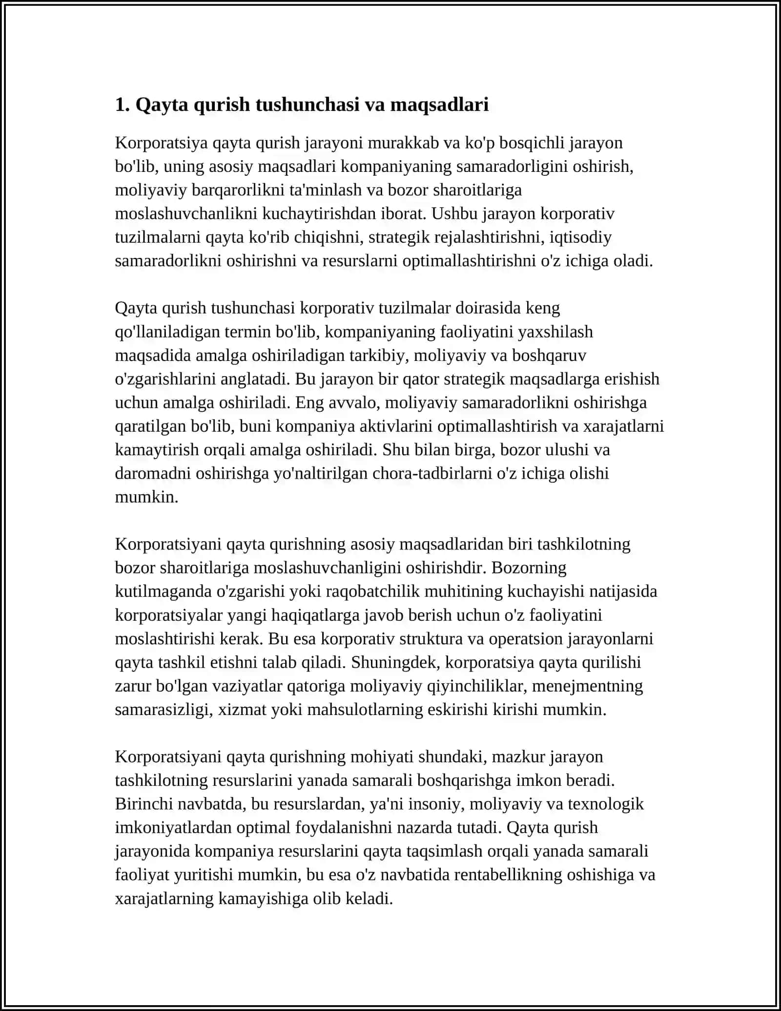 KORPORATSIYA QAYTA QURISH SHAKLLARI VA BOSQICHLARI REFERAT 3