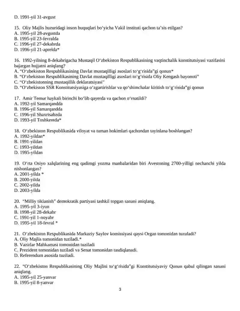 O’ZBEKISTON TARIXI FANIDAN TEST SAVOLLARI 3