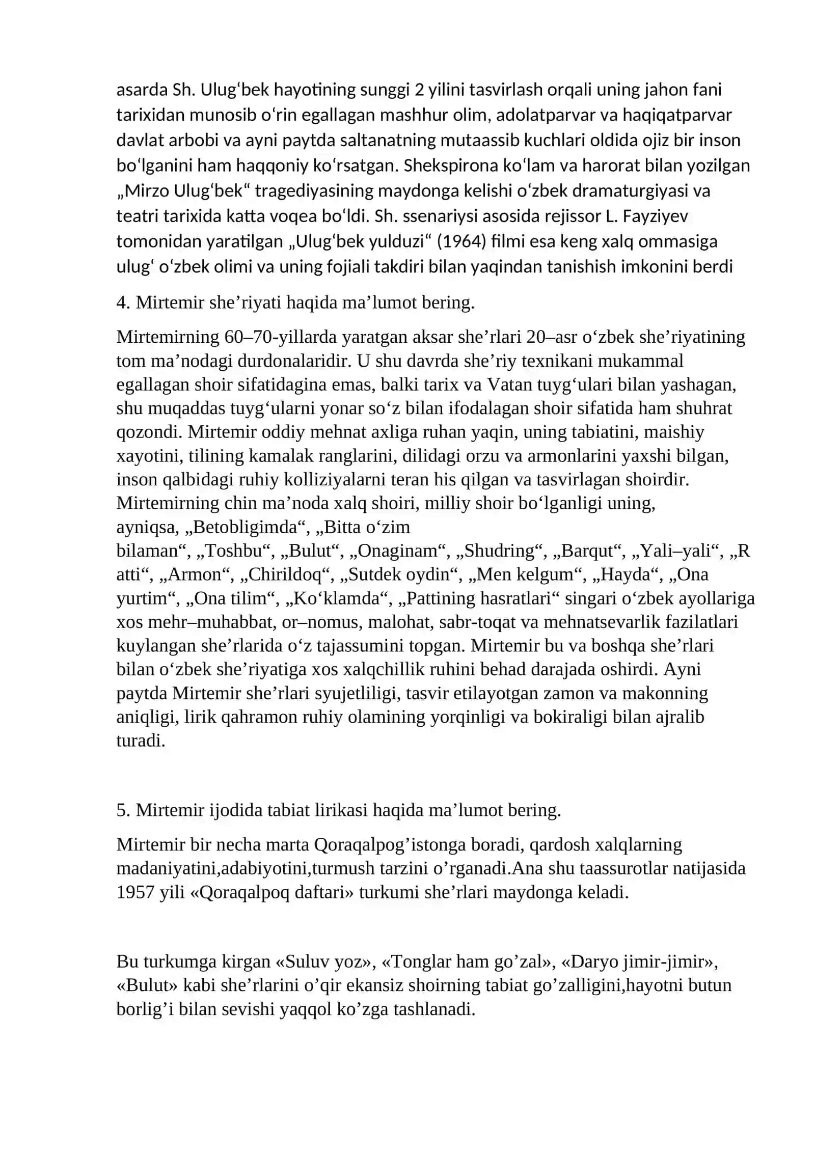 O'zbek adabiyoti fanidan yakuniy nazorat savollari 3