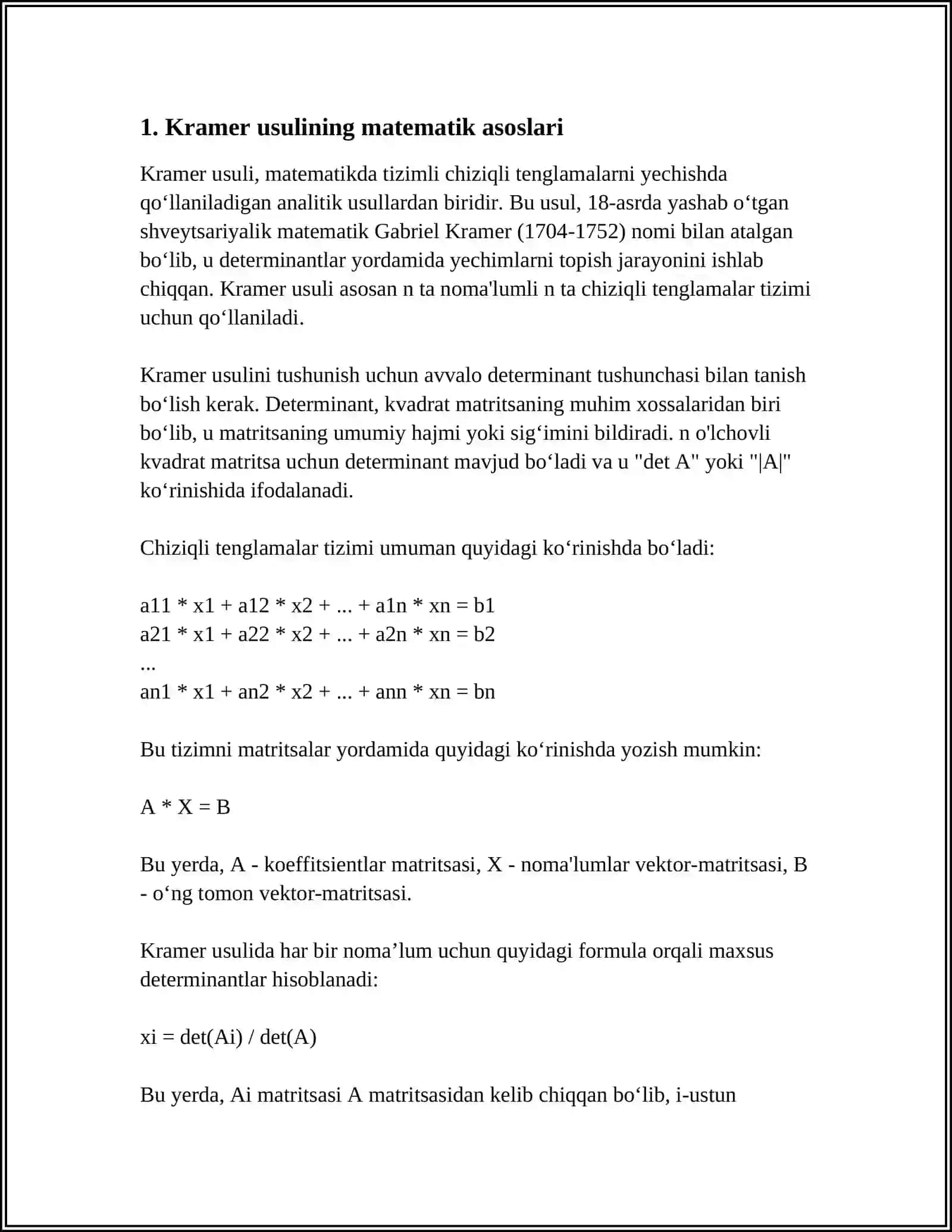 KRAMER VA GAUSS USULI BILAN SISTEMANI YECHISH USULI 3