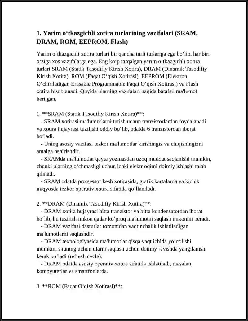 YARIM O'TKAZGICHLI XOTIRA QURILMALARNING VAZIFALARI VA PARAMETRLARI 3