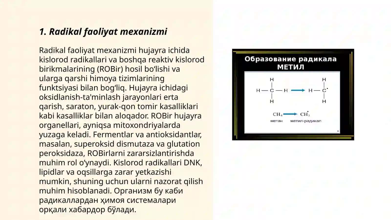 Radikal birikishi.Radikal faoliyat zarralar.Xarash effekti 3